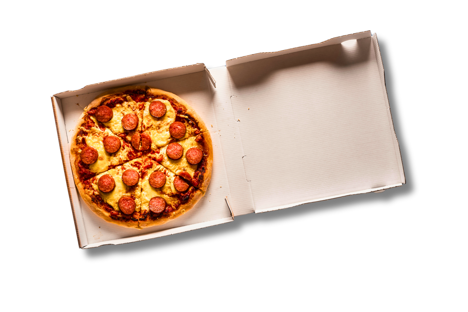 Freshly baked Pizza Magic pizza in a takeaway box